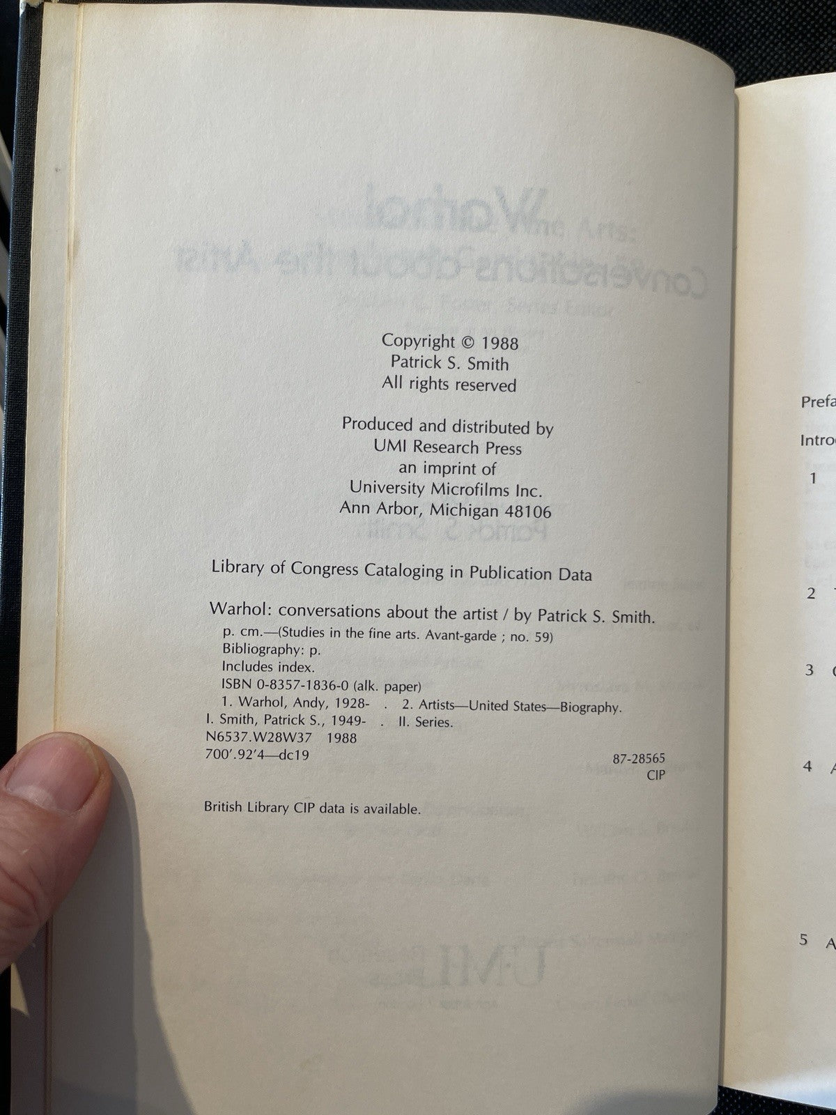 Warhol- Conversations About The Artist Patrick S Smith UMI Press HC