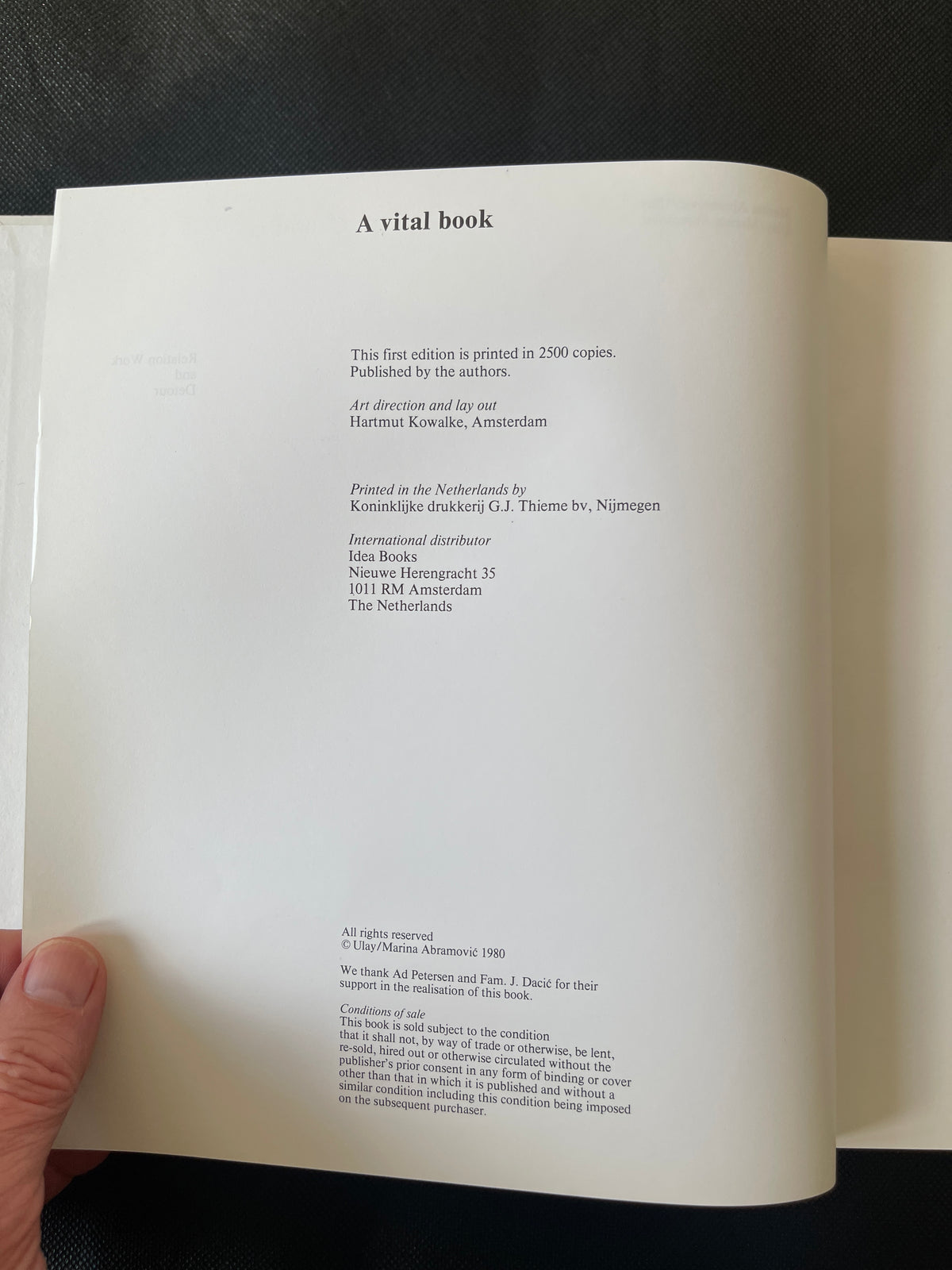 Marina Abramović / Ulay – Relation Work and Detour: A Vital Book
Amsterdam, 1980. First edition, published by the artists in an edition of 2,500 copies