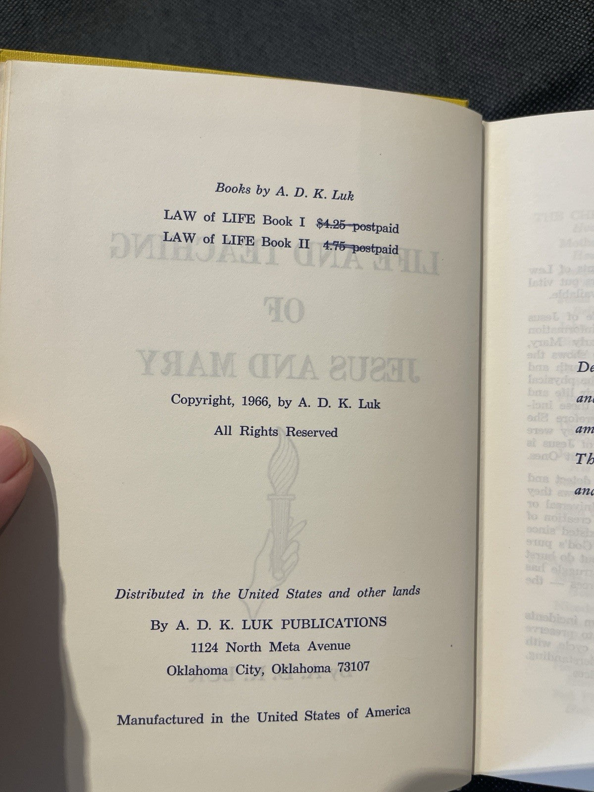 A. D. K. Luk Life and Teaching of Jesus and Mary, 1966 HC Law of Life
