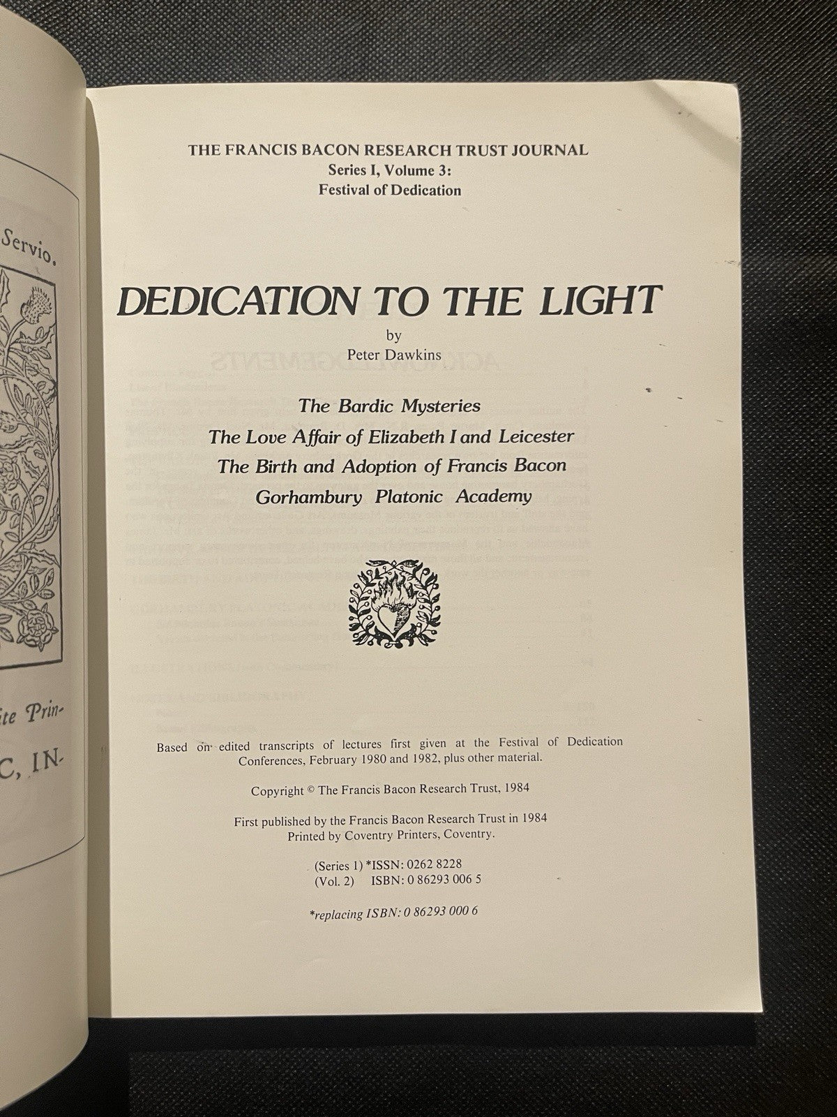 Francis Bacon Research Trust Journal Vol 3 Dedication to the Light PB