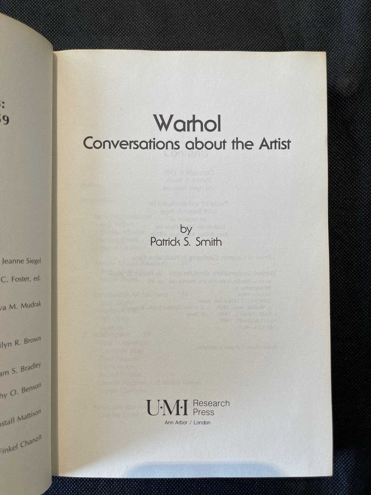 Warhol- Conversations About The Artist Patrick S Smith UMI Press HC