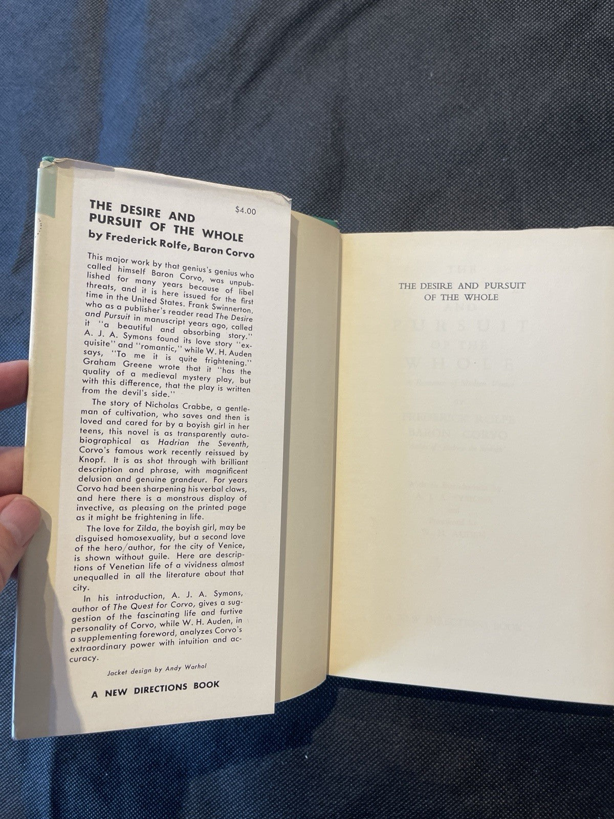 The Desire and Pursuit of the Whole by Frederick Rolfe HC DJ WARHOL Cover  1953
