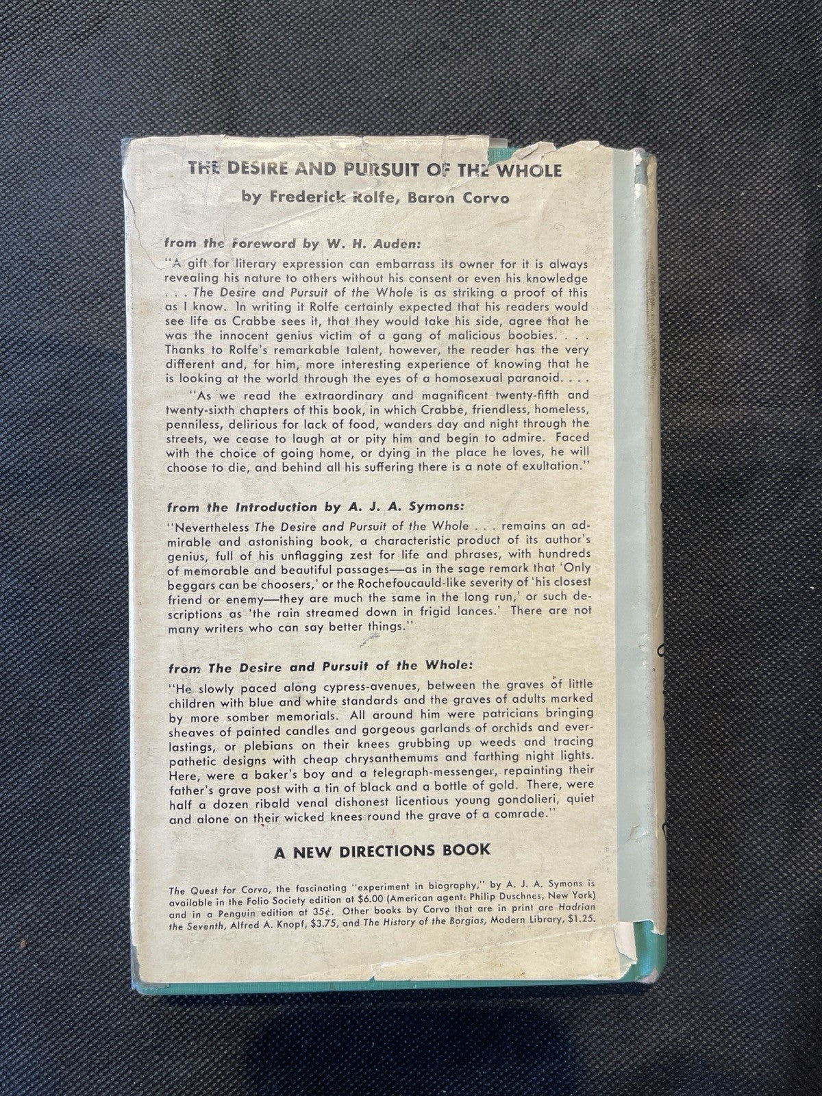 The Desire and Pursuit of the Whole by Frederick Rolfe HC DJ WARHOL Cover  1953