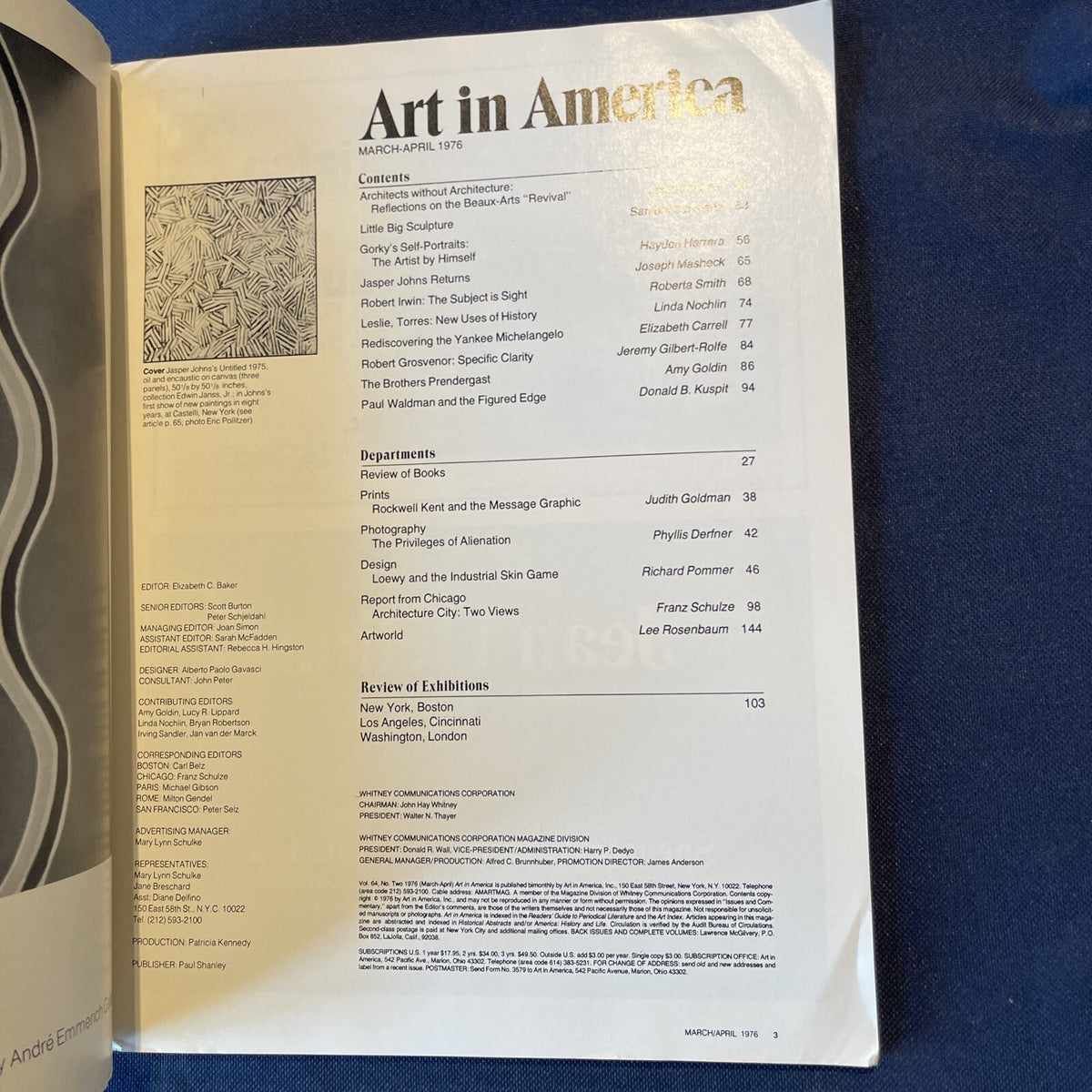ART IN AMERICA Mar 1976 Jasper Johns Prendergast Gorky Rockwell Kent Loewy Irwin