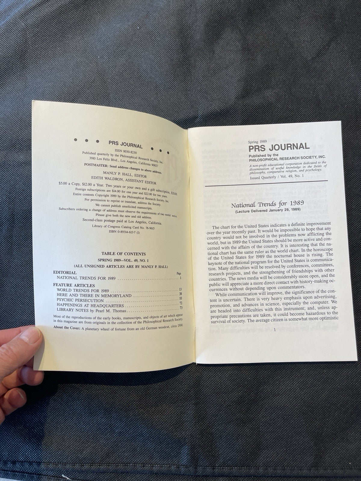 PRS Journal Philosophy Religion Science Vol 49 No 1 Spring 1989 Manly P. Hall