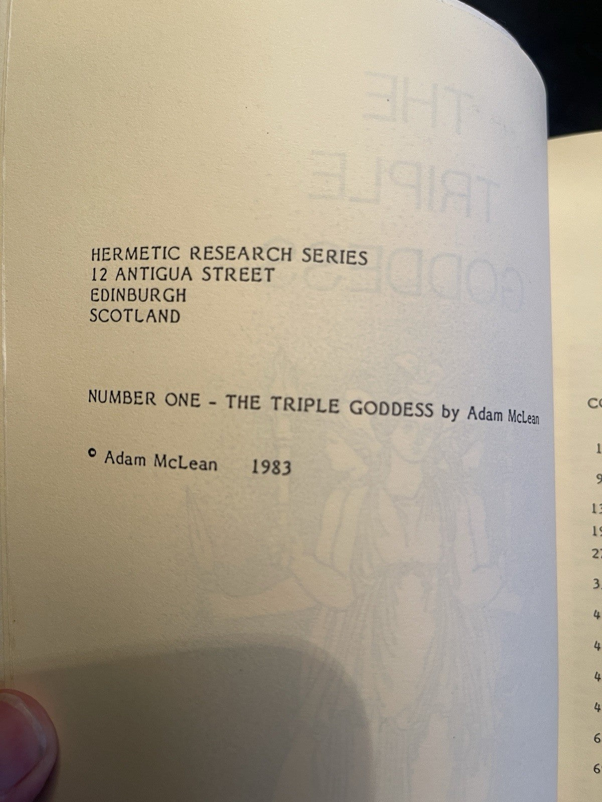 The Triple Goddess Adam Mclean Hermetic Research Series # 1, 1983 First Edtion