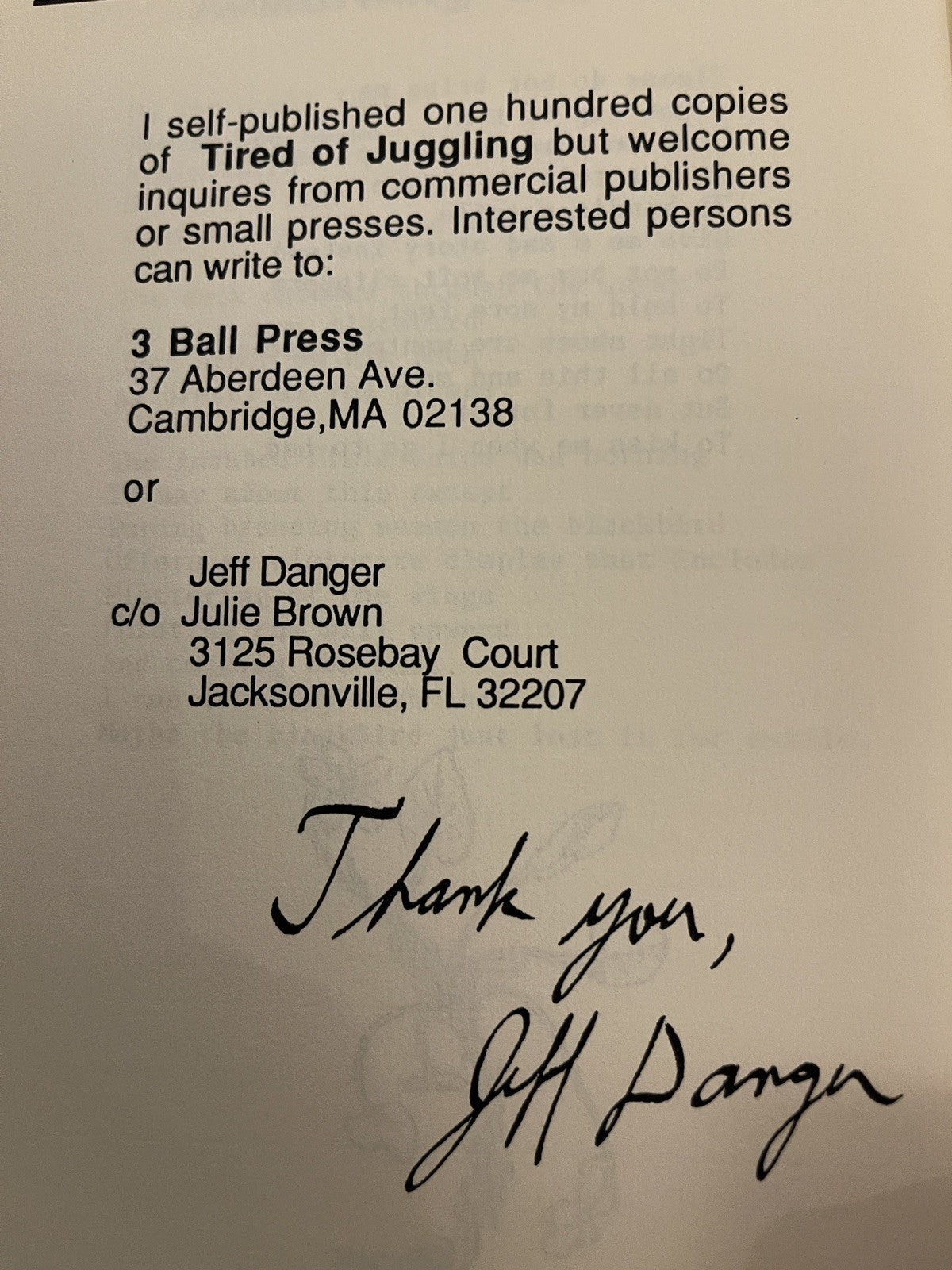 Tired of Juggling by Jeff Danger 3 Ball Press 1989 PB Signed/Inscribed Illus