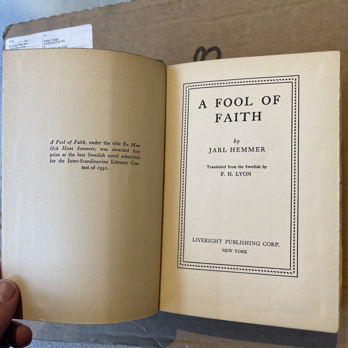 Jarl Hemmer / A Fool of Faith 1st Edition 1935