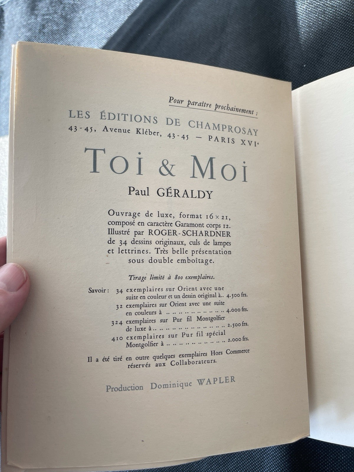 Paul Géraldy Toi & Moi | Les Éditions de Champrosay 1946 Illus. (French)