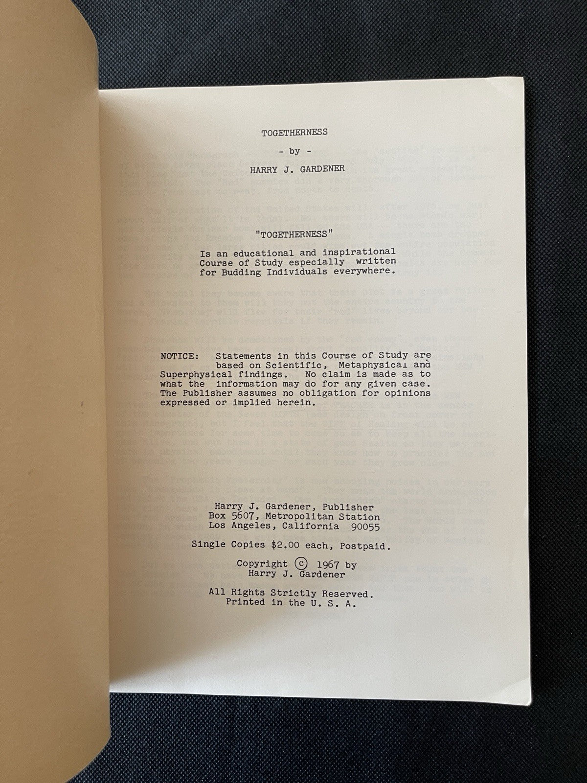 Togetherness. Harry J. Gardener. First Edition. 1967 Metaphysical Course Manual.