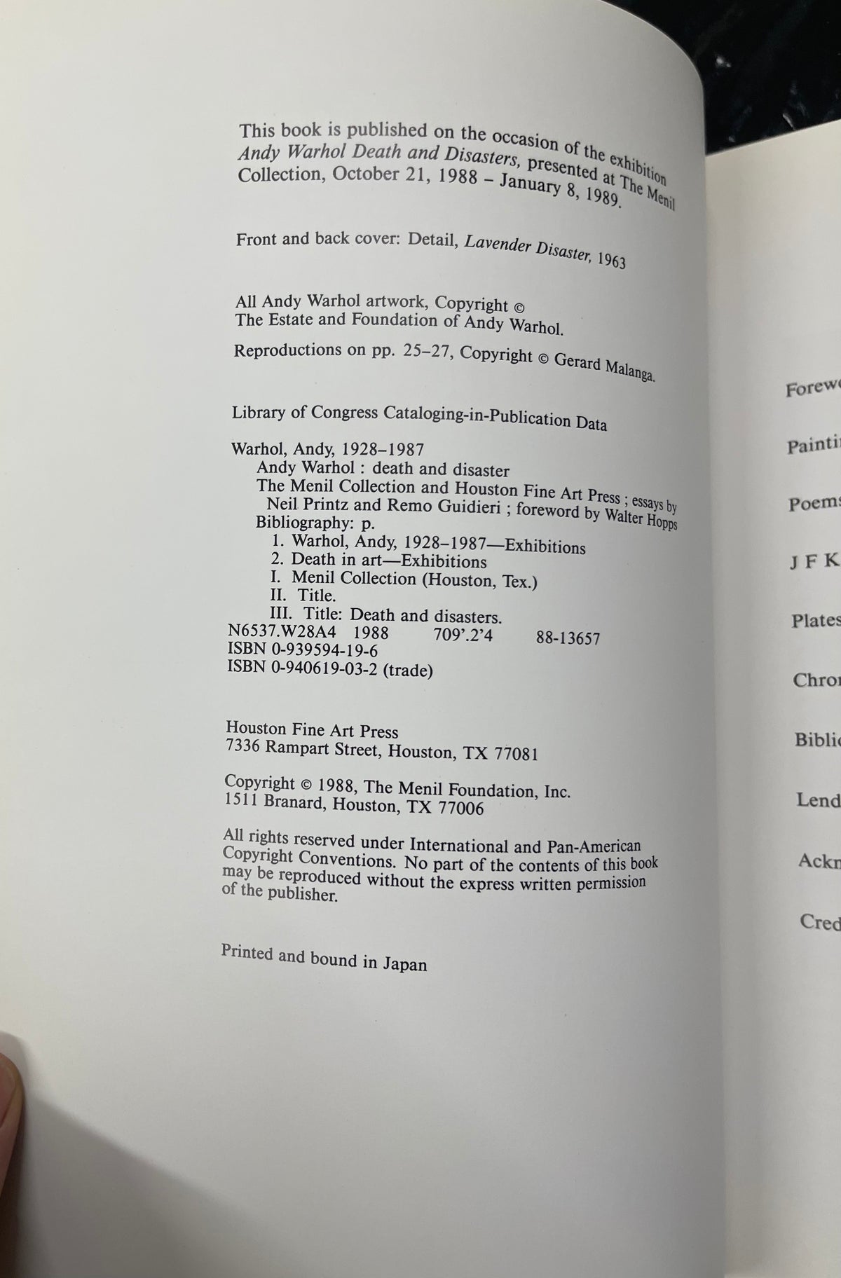 WARHOL, Andy
Andy Warhol: Death and Disasters. 1st Ed.

Houston: Menil Collection, 1988.